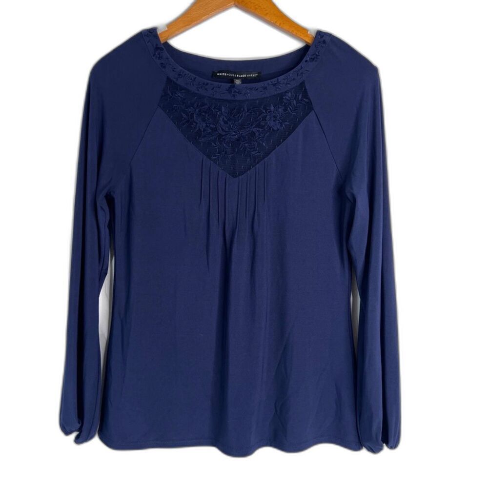 White House Black Market Navy Blue Lace Pleated Bodice Blouse Size XS